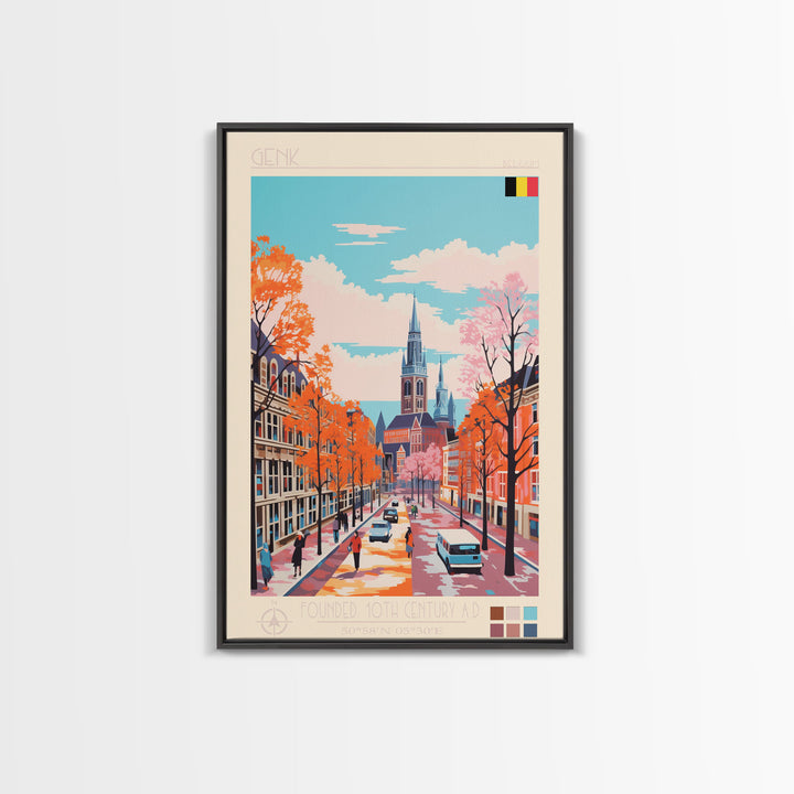 Genk Belgium Travel Poster Framed Canvas Print, Midcentury Modern Art, Pop Art Wall Decor, Home Decor, Vacation Gift, Bedroom Art