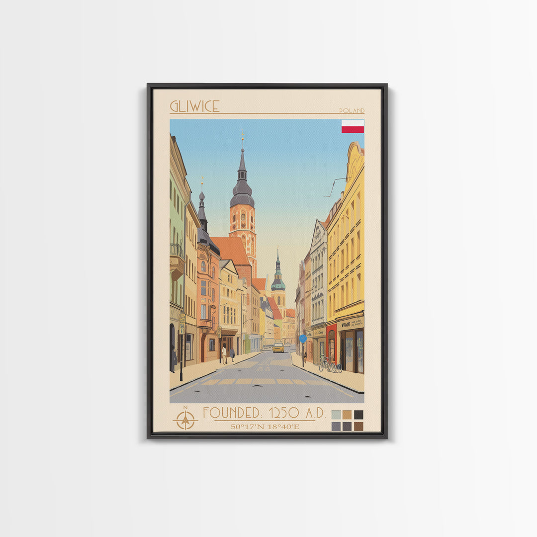 Gliwice Poland Travel Poster Framed Canvas Print, Midcentury Modern Art, Pop Art Wall Decor, Scenic Living Room Art, Bedroom Decor