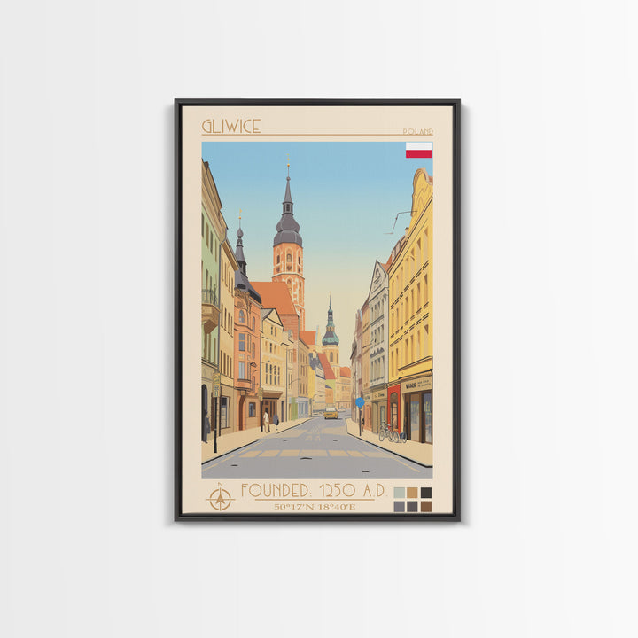 Gliwice Poland Travel Poster Framed Canvas Print, Midcentury Modern Art, Pop Art Wall Decor, Scenic Living Room Art, Bedroom Decor