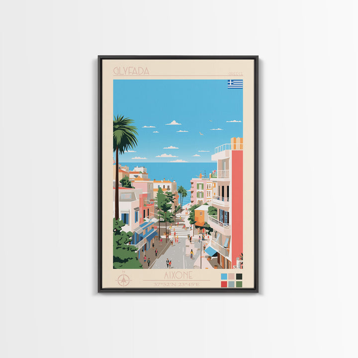 Glyfada Greece Travel Poster Framed Canvas Print, Midcentury Modern Art, Pop Art Wall Decor, Scenic Wall Art, Bedroom Decoration, Office Art