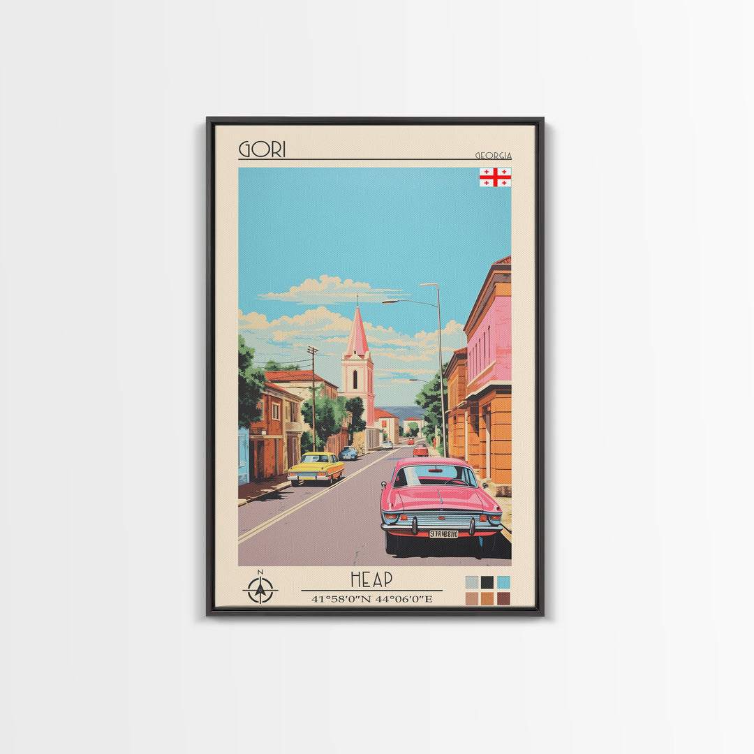 Gori Georgia Travel Poster Framed Canvas Print, Midcentury Modern Art, Pop Art Wall Decor, Scenic Wall Art, Living Room Decoration, Office Art