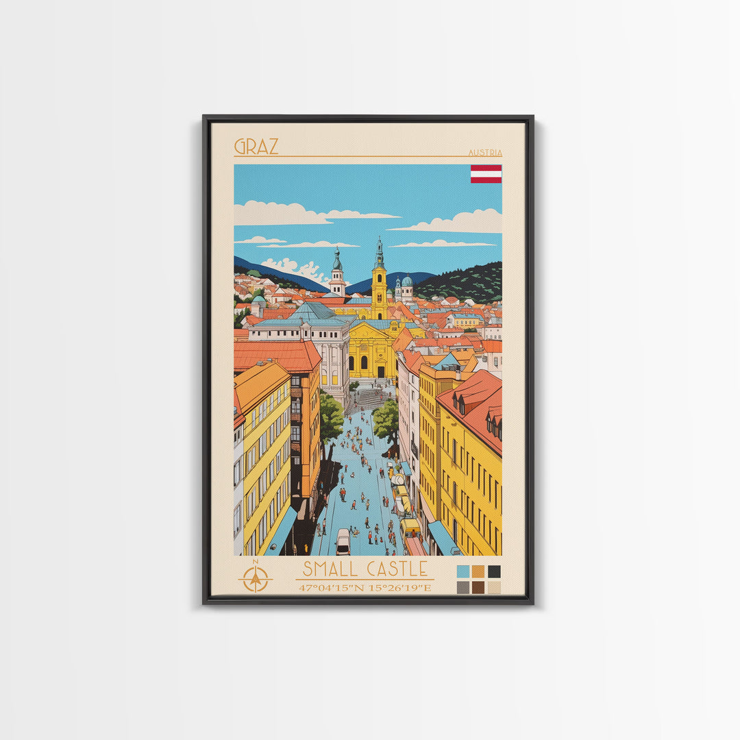 Graz Austria Travel Poster Framed Canvas Print, Vintage Style, Pop Art Home Decor, Scenic Wall Art, Bedroom Decoration, Office Gift