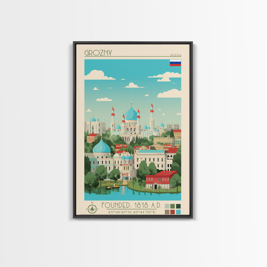 Grozny Russia Travel Poster Framed Canvas Print, Midcentury Modern Art, Pop Art Wall Decor, Scenic Wall Art, Living Room Decoration, Office Art