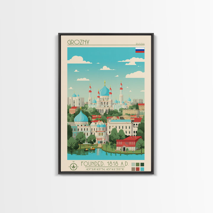 Grozny Russia Travel Poster Framed Canvas Print, Midcentury Modern Art, Pop Art Wall Decor, Scenic Wall Art, Living Room Decoration, Office Art