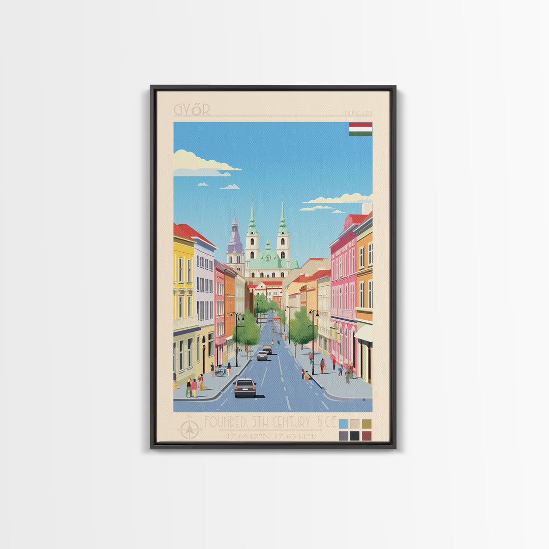 Győr Hungary Travel Poster Framed Canvas Print, Midcentury Modern Art, Pop Art Wall Decor, Scenic Wall Art, Living Room Decoration, Office Gift