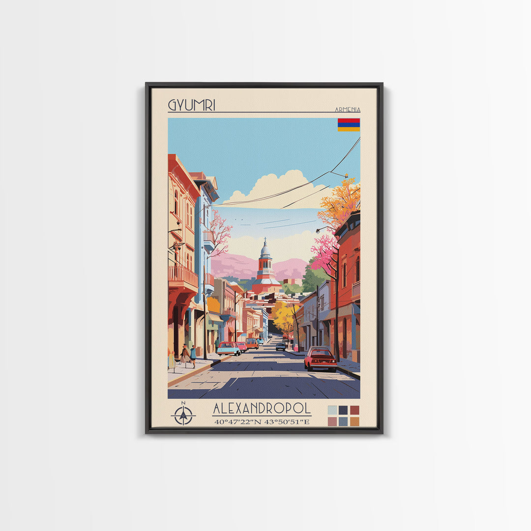 Gyumri Armenia Travel Poster Framed Canvas Print, Midcentury Modern Art, Pop Art Wall Decor, Home Decor, Vacation Gift, Bedroom Art