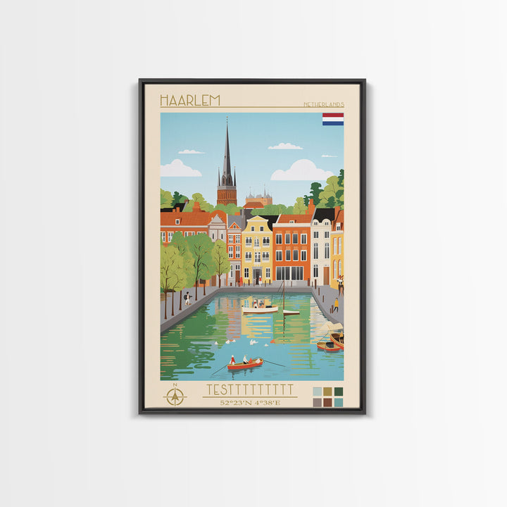 Haarlem Netherlands Travel Poster Framed Canvas Print, Midcentury Modern Art, Pop Art Wall Decor, Scenic Bedroom Art, Office Decoration