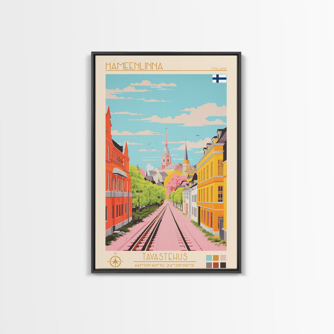 Hämeenlinna City in Finland Finland Travel Poster Framed Canvas Print, Midcentury Modern Art, Pop Art Wall Decor, Home Decor, Vacation Gift, Bedroom Art