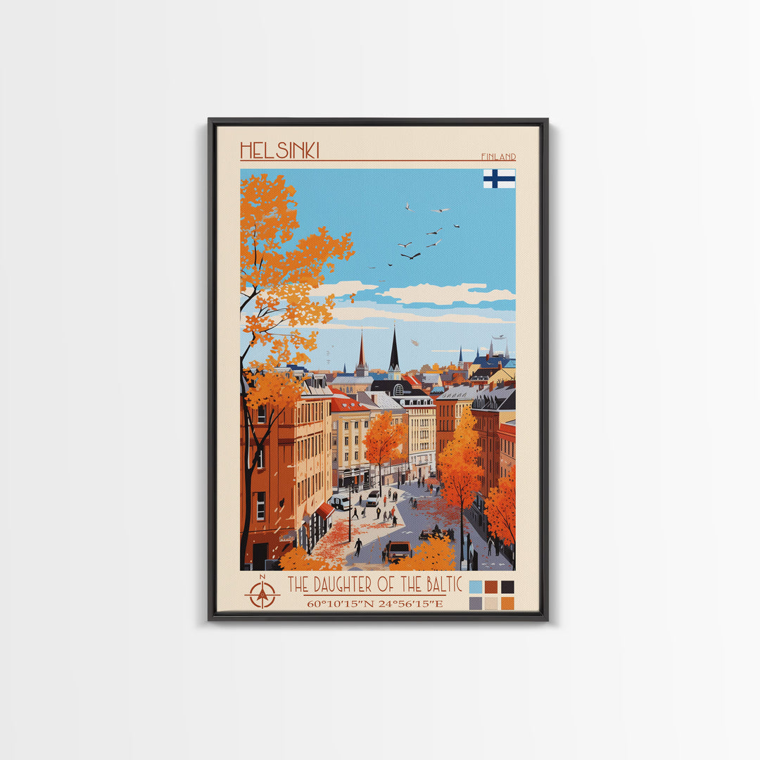Helsinki Finland Travel Poster Framed Canvas Print, Midcentury Modern Art, Pop Art Wall Decor, Scenic Bedroom Art, Office Decoration