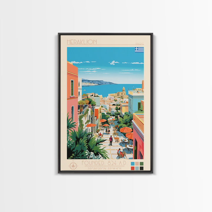 Heraklion Greece Travel Poster Framed Canvas Print, Midcentury Modern Art, Pop Art Wall Decor, Scenic Living Room Art, Bedroom Decor