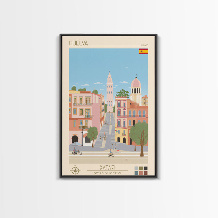 Huelva Spain Travel Poster Framed Canvas Print, Midcentury Modern Art, Pop Art Wall Decor, Scenic Wall Art, Living Room Decoration, Office Art