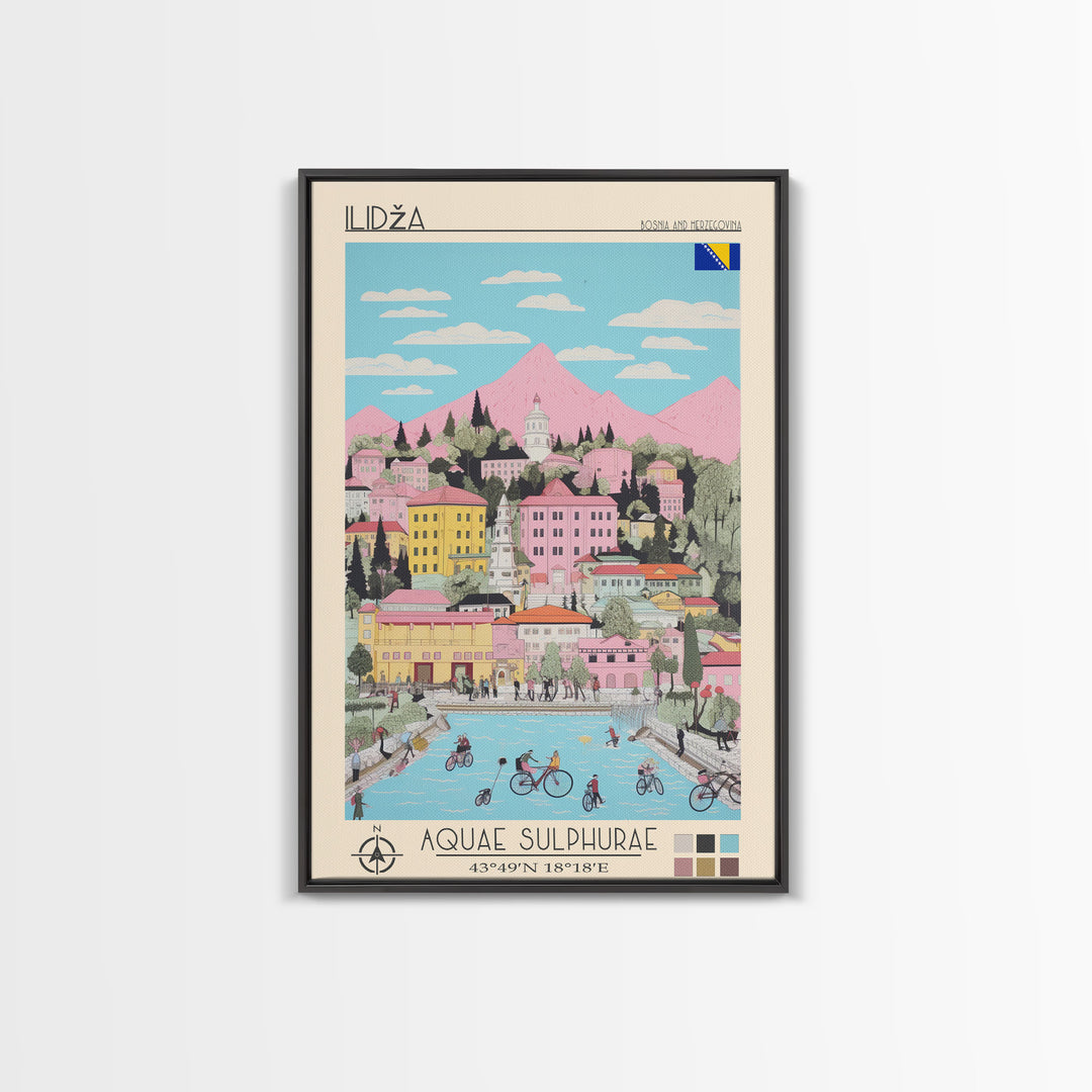 Ilidža Bosnia and Herzegovina Travel Poster Framed Canvas Print, Midcentury Modern Art, Pop Art Wall Decor, Scenic Wall Art, Bedroom Decoration