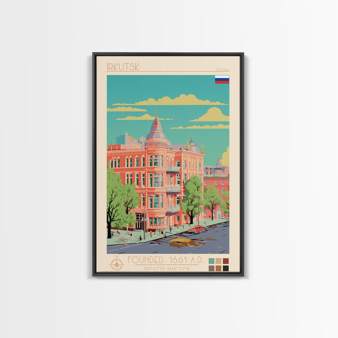 Irkutsk Russia Travel Poster Framed Canvas Print, Midcentury Modern Art, Pop Art Wall Decor, Scenic Bedroom Art, Office Decoration