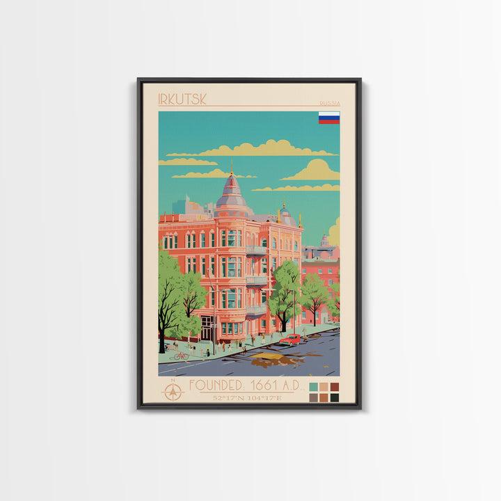 Irkutsk Russia Travel Poster Framed Canvas Print, Midcentury Modern Art, Pop Art Wall Decor, Scenic Bedroom Art, Office Decoration