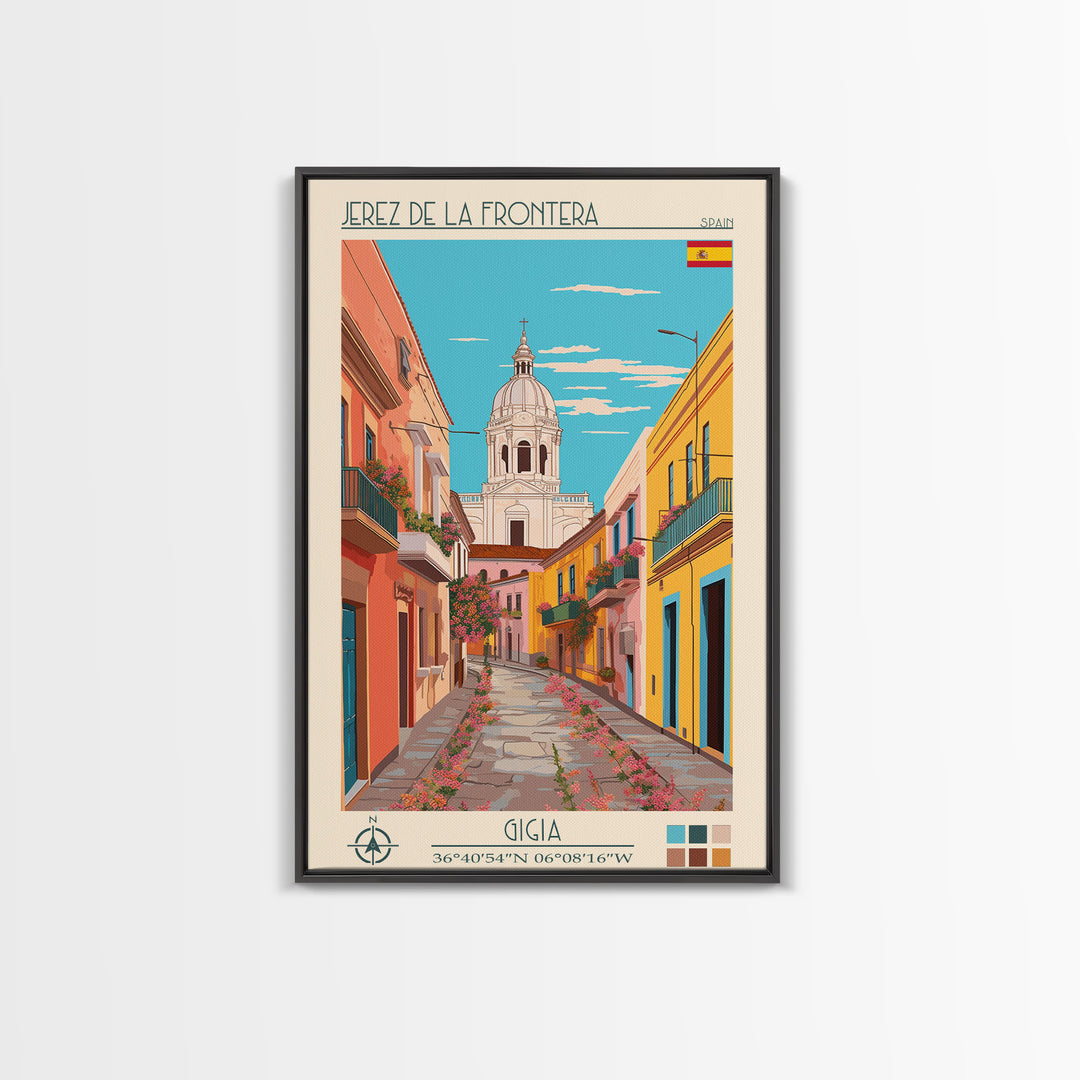 Jerez de la Frontera Spain Travel Poster Framed Canvas Print, Midcentury Modern Art, Pop Art Wall Decor, Scenic Bedroom Art, Office Decoration