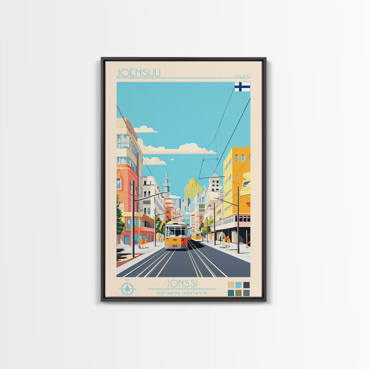 Joensuu Finland Travel Poster Framed Canvas Print, Midcentury Modern Art, Pop Art Wall Decor, Scenic Living Room Art, Bedroom Decor