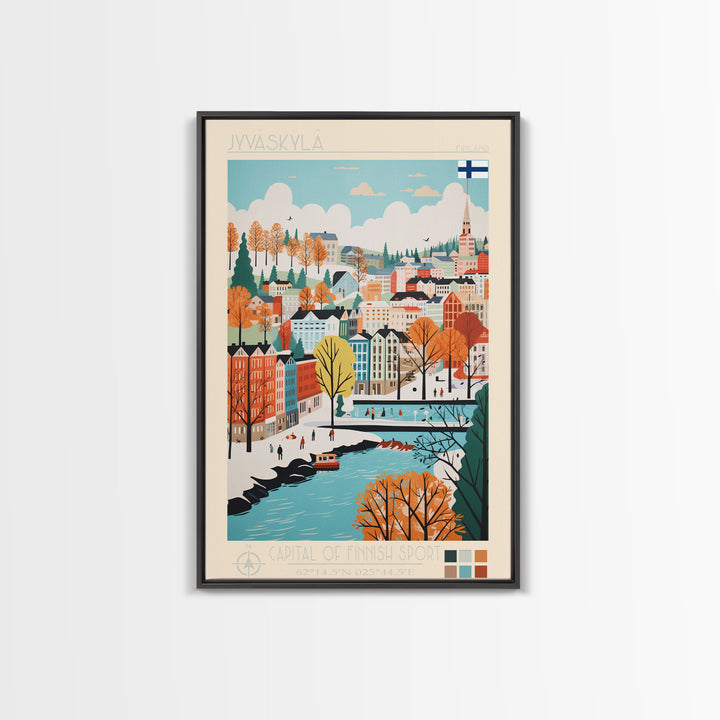 Jyväskylä Finland Travel Poster Framed Canvas Print, Vintage Style, Pop Art Home Decor, Scenic Wall Art, Bedroom Decoration, Office Gift