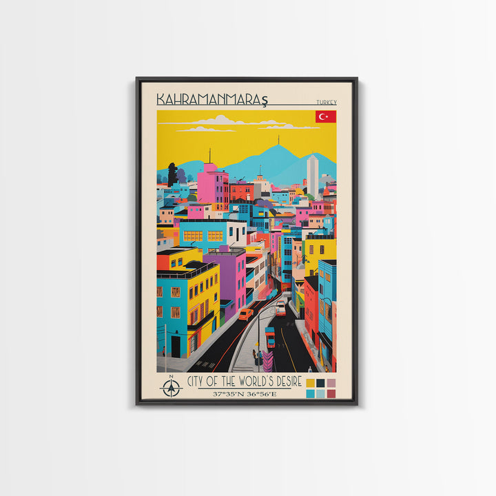 Kahramanmaraş Turkey Travel Poster Framed Canvas Print, Midcentury Modern Art, Pop Art Wall Decor, Scenic Living Room Art, Bedroom Gift