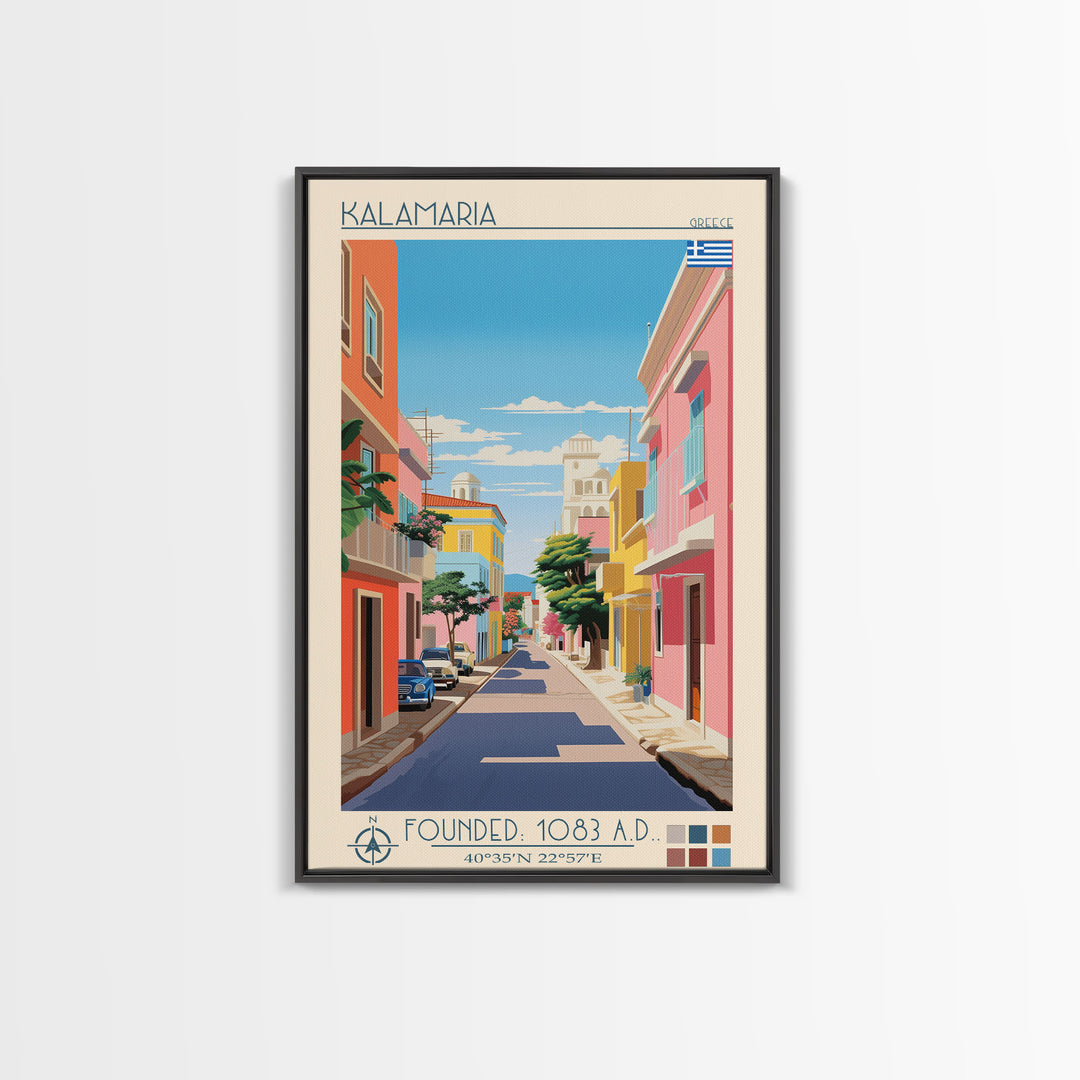 Kalamaria Greece Travel Poster Framed Canvas Print, Midcentury Modern Art, Pop Art Wall Decor, Scenic Wall Art, Living Room Decoration, Office Art