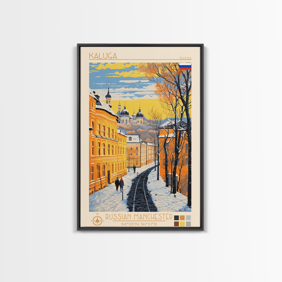 Kaluga Russia Travel Poster Framed Canvas Print, Midcentury Modern Art, Pop Art Wall Decor, Scenic Wall Art, Bedroom Decoration