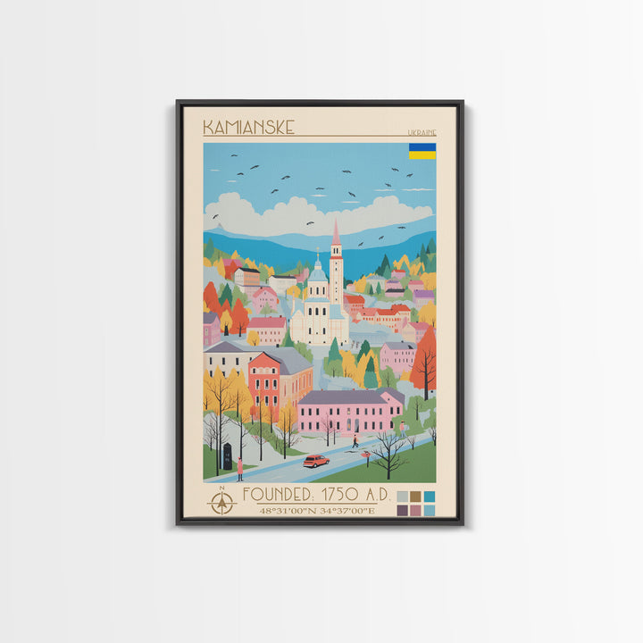 Kamianske Ukraine Travel Poster Framed Canvas Print, Midcentury Modern Art, Pop Art Wall Decor, Scenic Wall Art, Living Room Decoration, Office Art