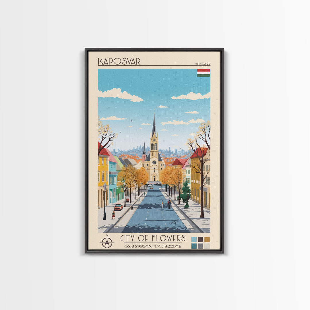 Kaposvár Hungary Travel Poster Framed Canvas Print, Midcentury Modern Art, Pop Art Wall Decor, Scenic Bedroom Art, Office Decoration