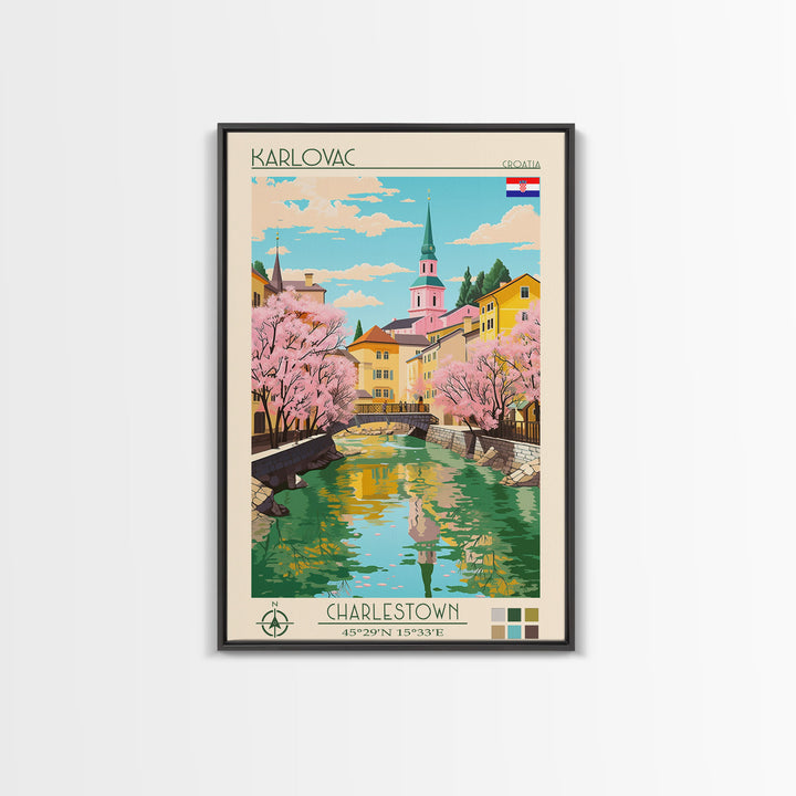 Karlovac Croatia Travel Poster Framed Canvas Print, Midcentury Modern Art, Pop Art Wall Decor, Scenic Living Room Art, Bedroom Decor