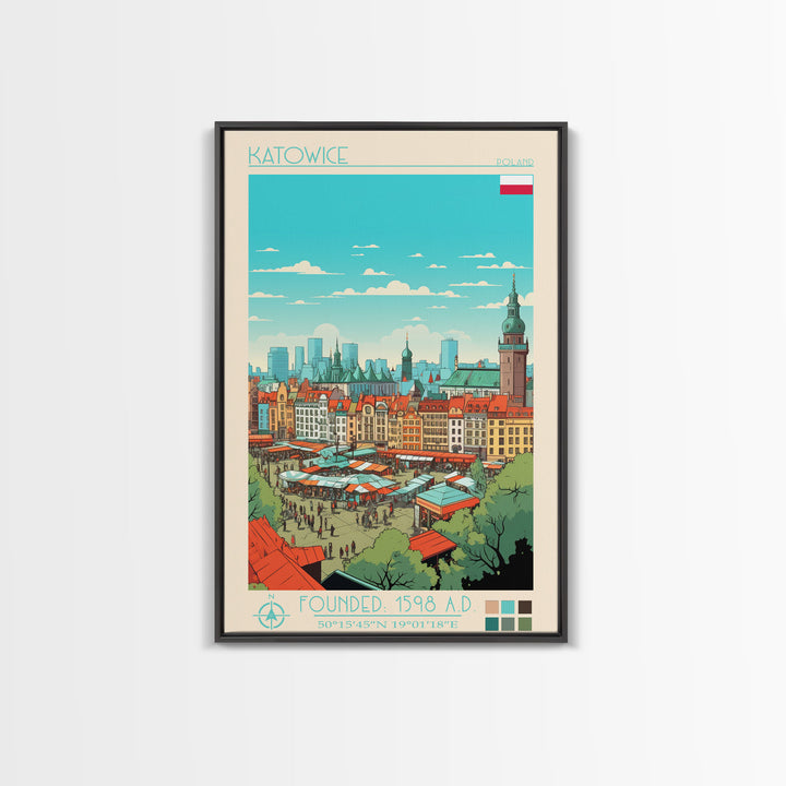 Katowice Poland Travel Poster Framed Canvas Print, Midcentury Modern Art, Pop Art Wall Decor, Home Decor, Vacation Gift, Office Art