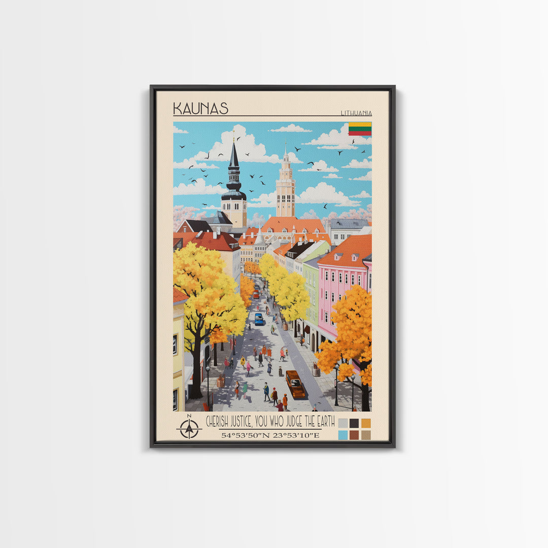 Kaunas Lithuania Travel Poster Framed Canvas Print, Midcentury Modern Art, Pop Art Wall Decor, Scenic Living Room Art, Bedroom Gift