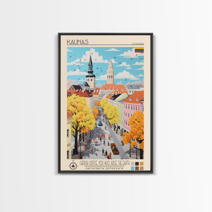 Kaunas Lithuania Travel Poster Framed Canvas Print, Midcentury Modern Art, Pop Art Wall Decor, Scenic Living Room Art, Bedroom Gift