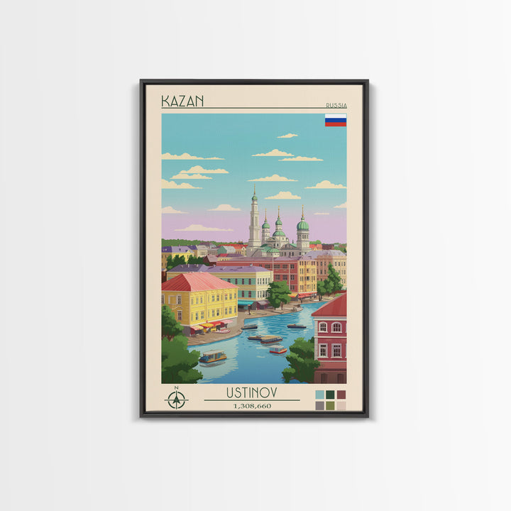 Kazan Russia Travel Poster Framed Canvas Print, Midcentury Modern Art, Pop Art Wall Decor, Scenic Bedroom Art, Office Decoration