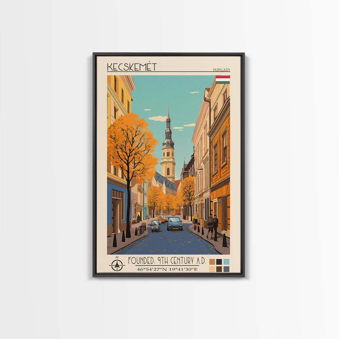 Kecskemét Hungary Travel Poster Framed Canvas Print, Midcentury Modern Art, Pop Art Wall Decor, Scenic Living Room Art, Bedroom Decor
