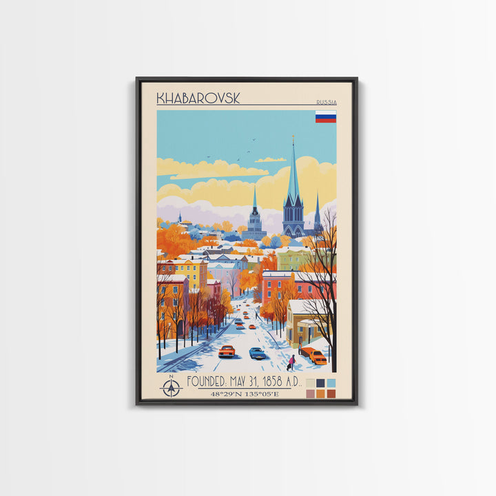 Khabarovsk Russia Travel Poster Framed Canvas Print, Midcentury Modern Art, Pop Art Wall Decor, Home Decor, Vacation Gift, Office Art