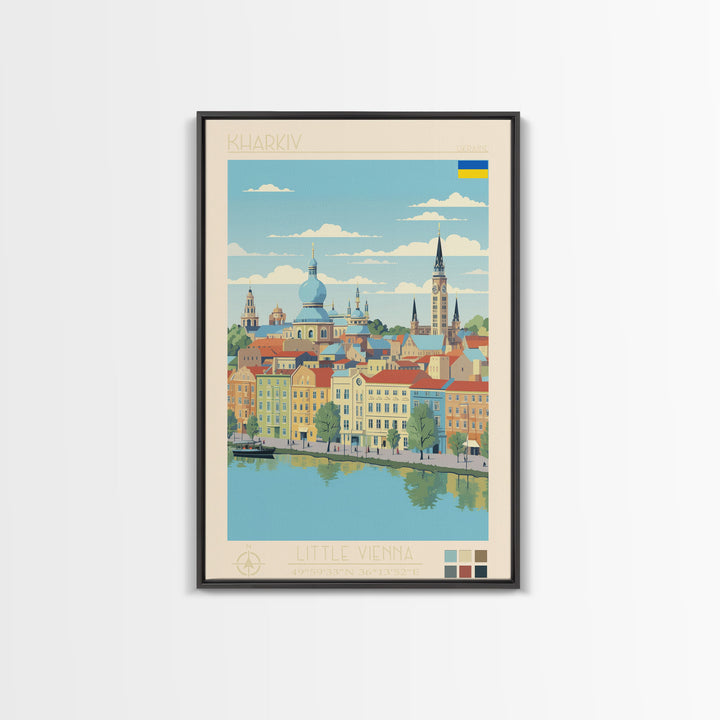 Kharkiv Ukraine Travel Poster Framed Canvas Print, Midcentury Modern Art, Pop Art Wall Decor, Scenic Living Room Art, Bedroom Gift