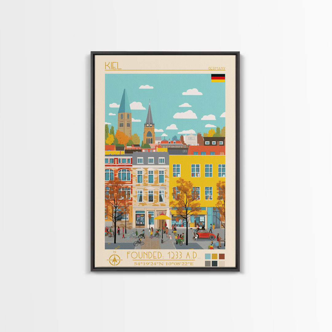 Kiel Germany Travel Poster Framed Canvas Print, Midcentury Modern Art, Pop Art Wall Decor, Scenic Wall Art, Living Room Decoration, Office Art