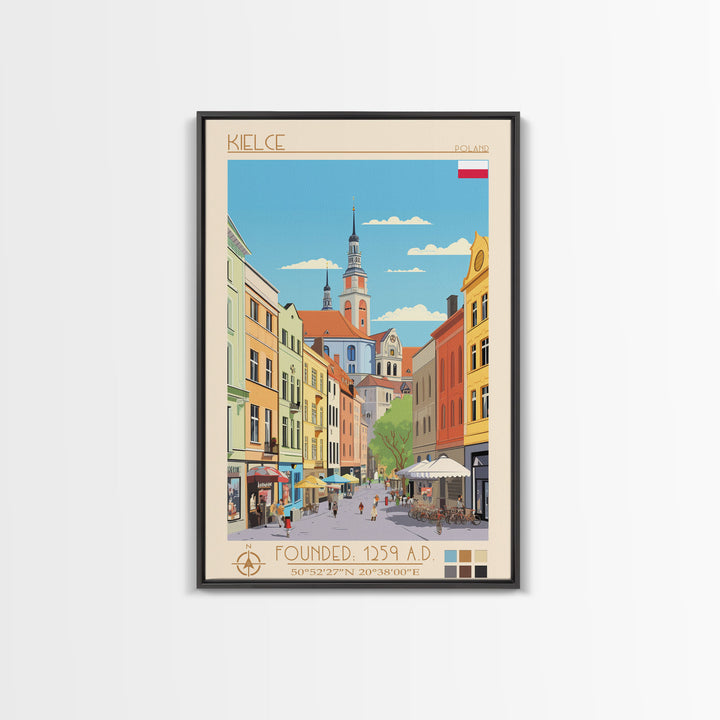 Kielce Poland Travel Poster Framed Canvas Print, Midcentury Modern Art, Pop Art Wall Decor, Scenic Wall Art, Bedroom Decoration