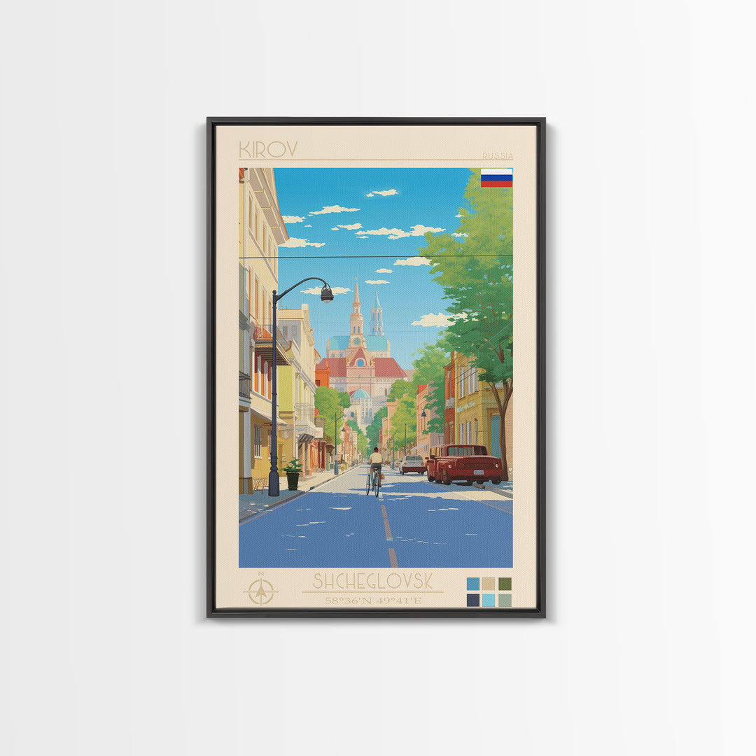 Kirov Russia Travel Poster Framed Canvas Print, Midcentury Modern Art, Pop Art Wall Decor, Scenic Living Room Art, Bedroom Decor