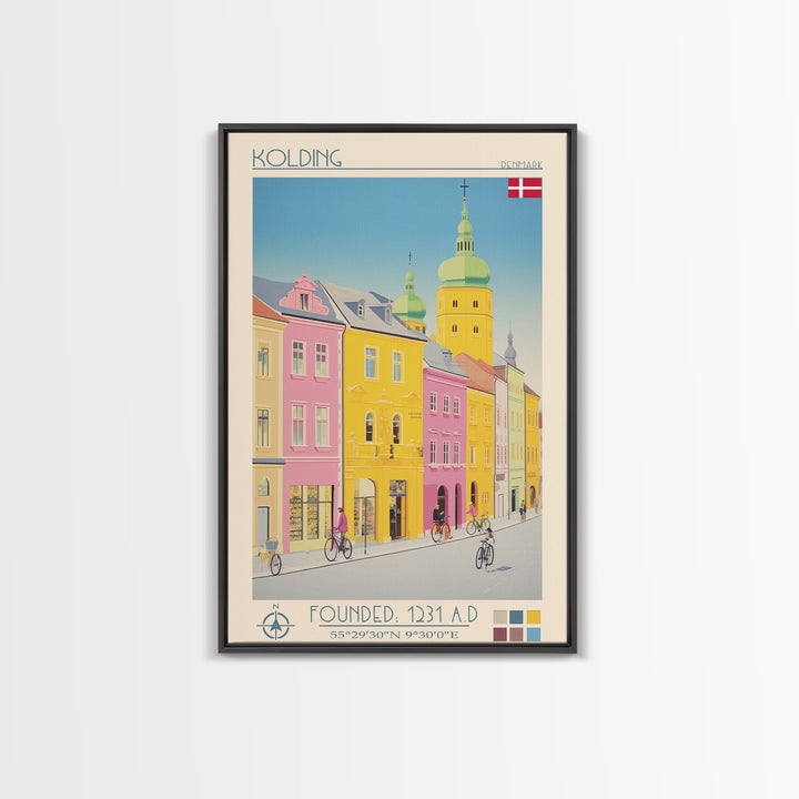Kolding Denmark Travel Poster Framed Canvas Print, Midcentury Modern Art, Pop Art Wall Decor, Scenic Living Room Art, Bedroom Gift