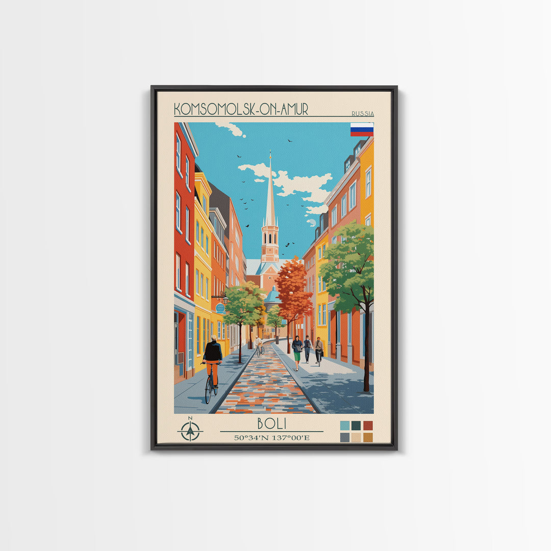 Komsomolsk on Amur Russia Travel Poster Framed Canvas Print, Midcentury Modern Art, Pop Art Wall Decor, Scenic Wall Art, Living Room Decoration, Office Art