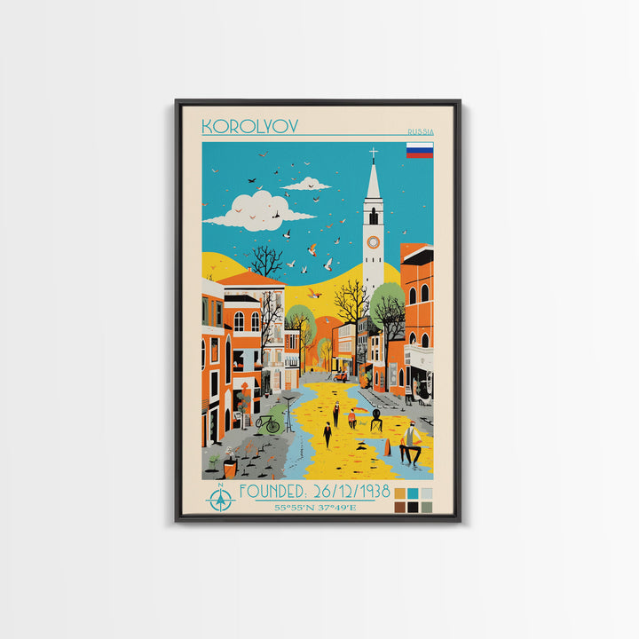 Korolyov Russia Travel Poster Framed Canvas Print, Midcentury Modern Art, Pop Art Wall Decor, Scenic Bedroom Art, Office Decoration