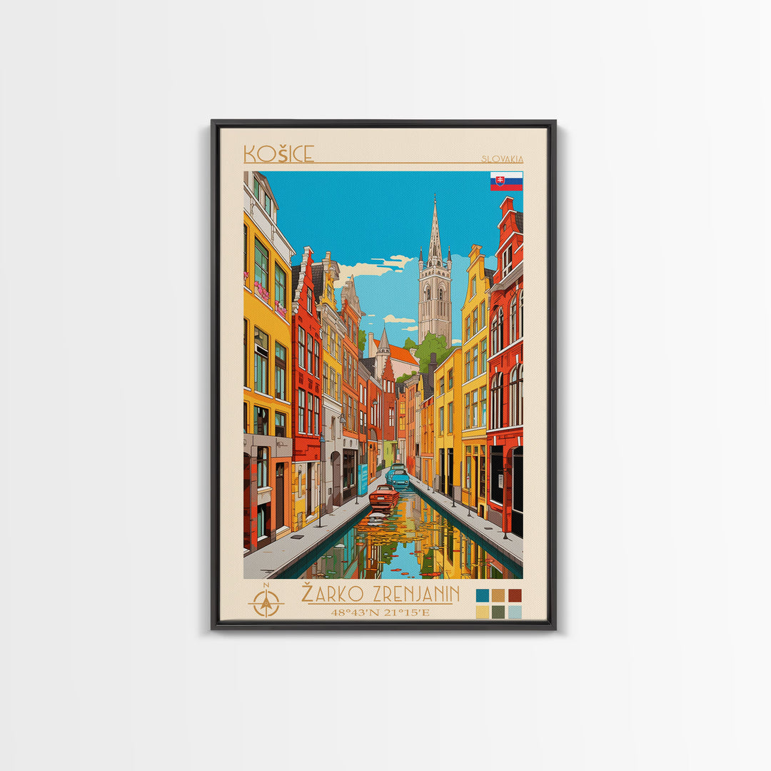 Košice Slovakia Travel Poster Framed Canvas Print, Midcentury Modern Art, Pop Art Wall Decor, Scenic Living Room Art, Bedroom Gift