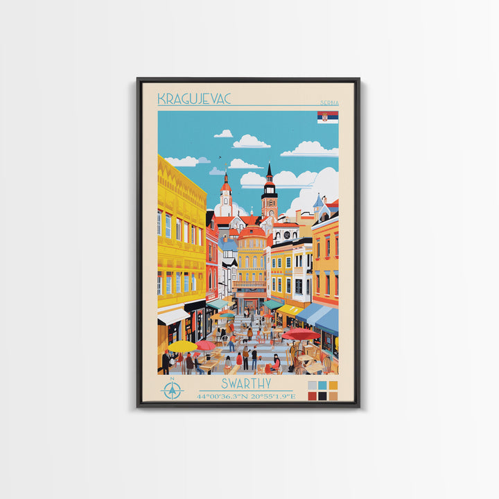 Kragujevac Serbia Travel Poster Framed Canvas Print, Midcentury Modern Art, Pop Art Wall Decor, Scenic Wall Art, Living Room Decoration, Office Art