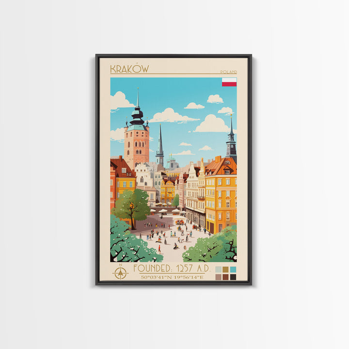 Kraków Poland Travel Poster Framed Canvas Print, Midcentury Modern Art, Pop Art Wall Decor, Home Decor, Vacation Gift, Bedroom Art