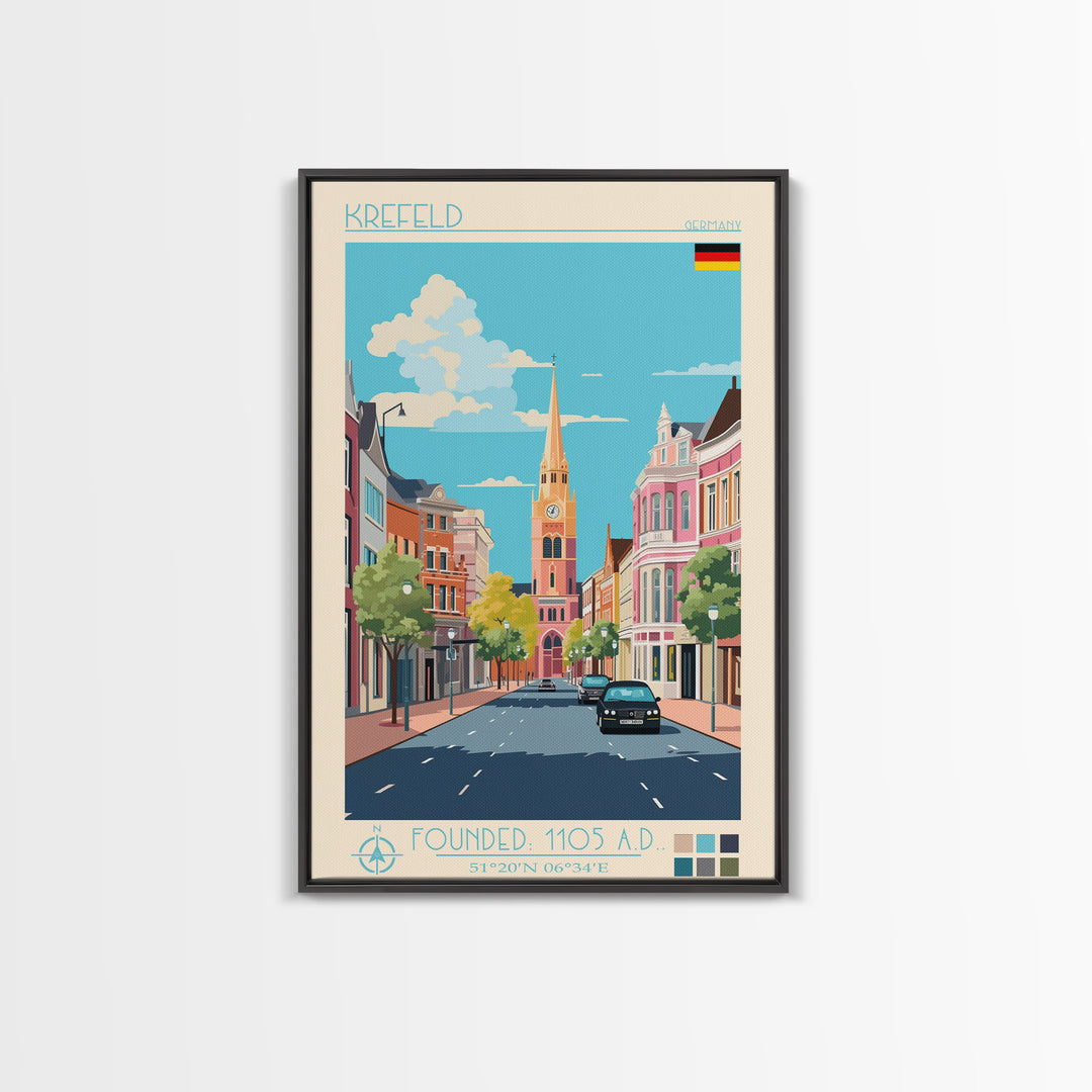 Krefeld Germany Travel Poster Framed Canvas Print, Midcentury Modern Art, Pop Art Wall Decor, Scenic Living Room Art, Bedroom Decor