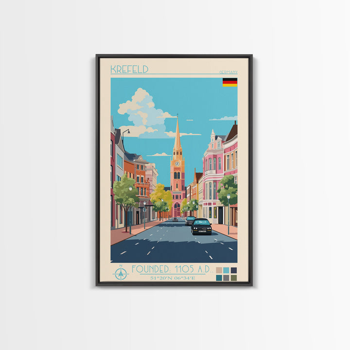 Krefeld Germany Travel Poster Framed Canvas Print, Midcentury Modern Art, Pop Art Wall Decor, Scenic Living Room Art, Bedroom Decor