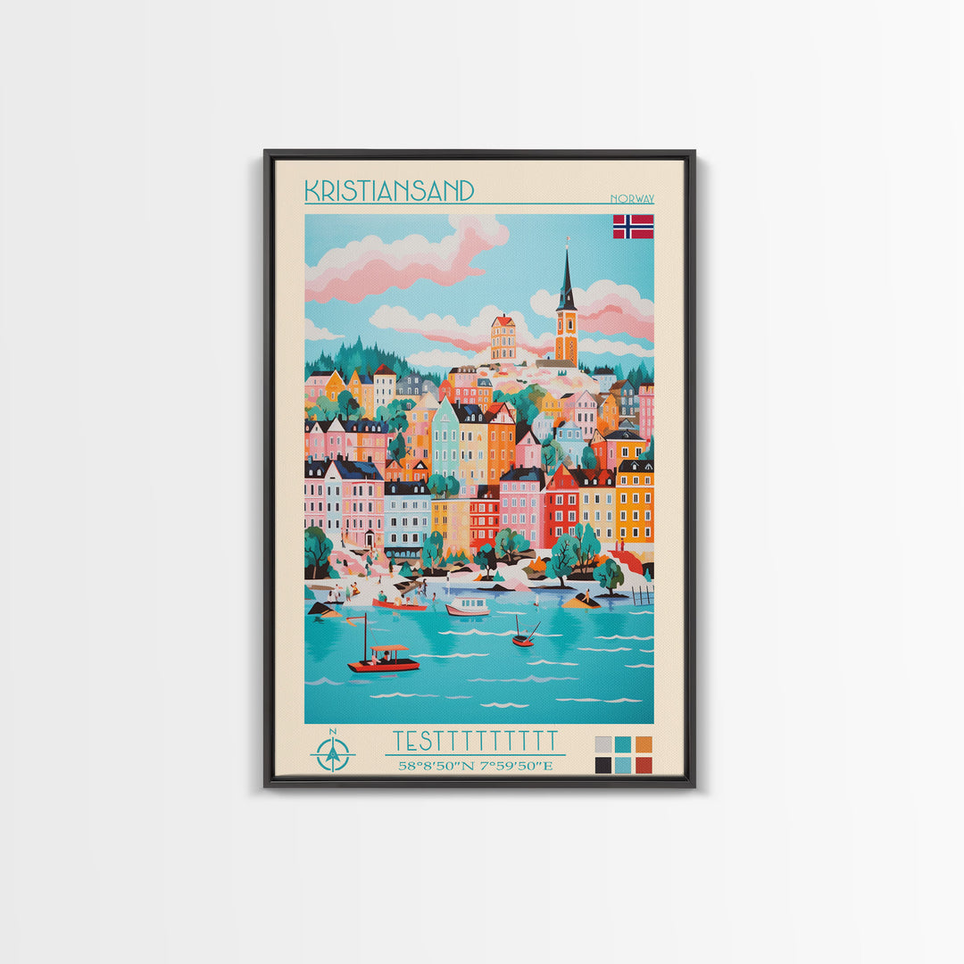 Kristiansand Norway Travel Poster Framed Canvas Print, Vintage Style, Pop Art Home Decor, Scenic Wall Art, Bedroom Decoration, Office Gift