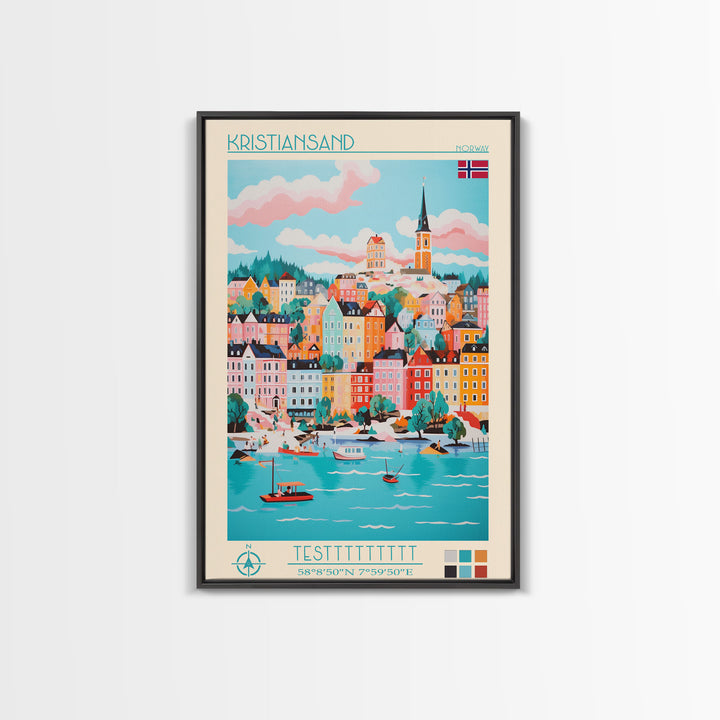 Kristiansand Norway Travel Poster Framed Canvas Print, Vintage Style, Pop Art Home Decor, Scenic Wall Art, Bedroom Decoration, Office Gift