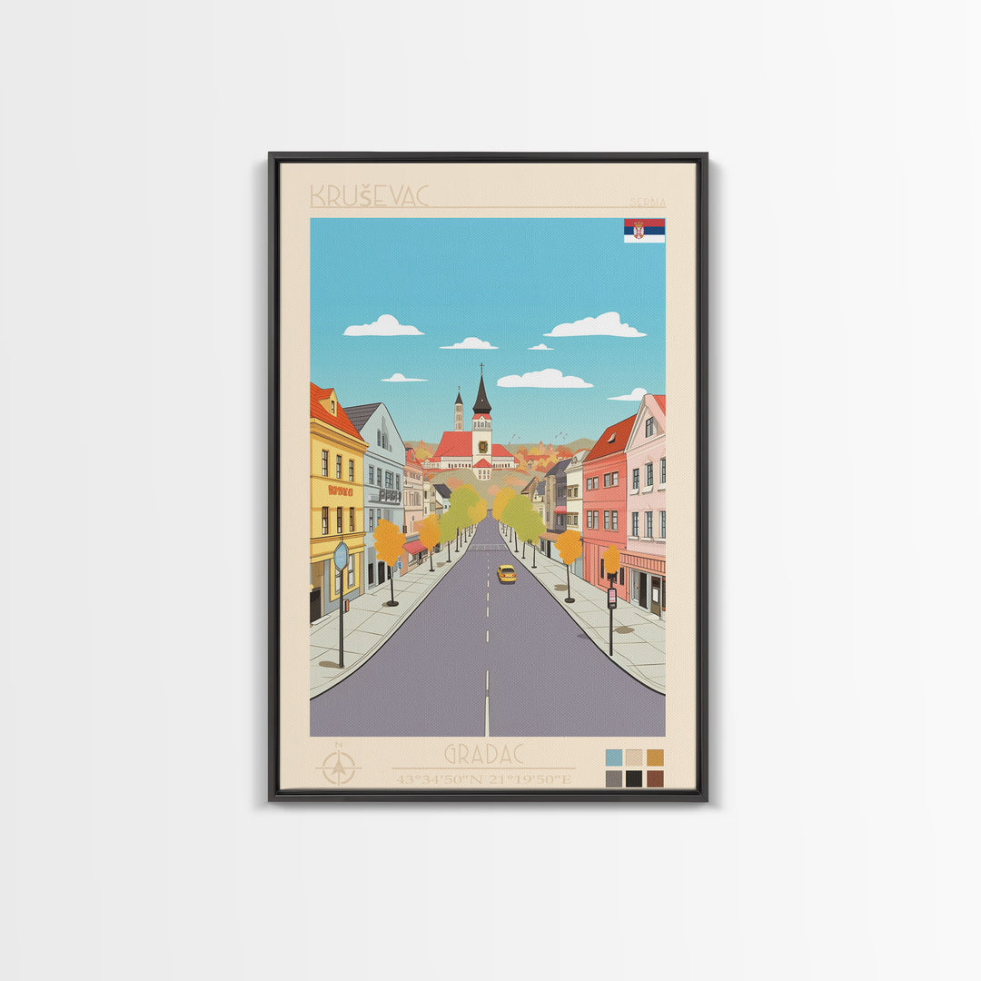 Kruševac Serbia Travel Poster Framed Canvas Print, Midcentury Modern Art, Pop Art Wall Decor, Scenic Living Room Art, Bedroom Gift