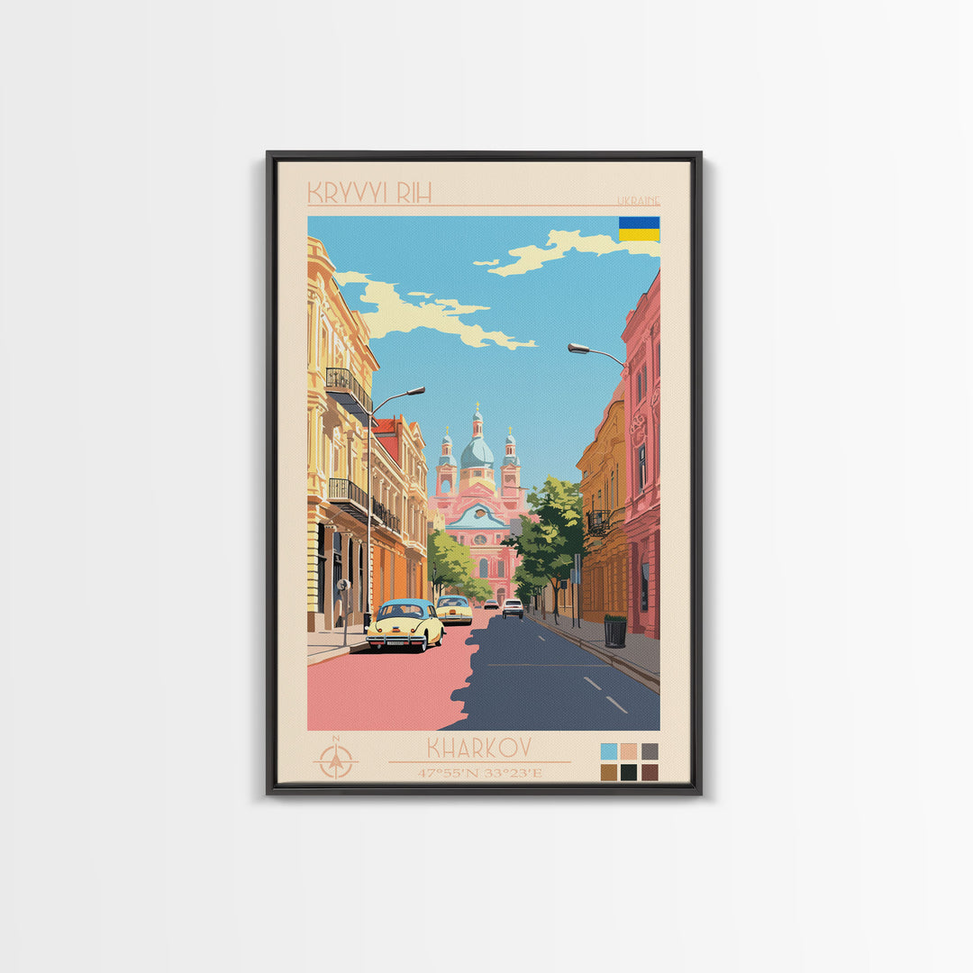 Kryvyi Rih Ukraine Travel Poster Framed Canvas Print, Midcentury Modern Art, Pop Art Wall Decor, Scenic Wall Art, Living Room Decoration, Office Art