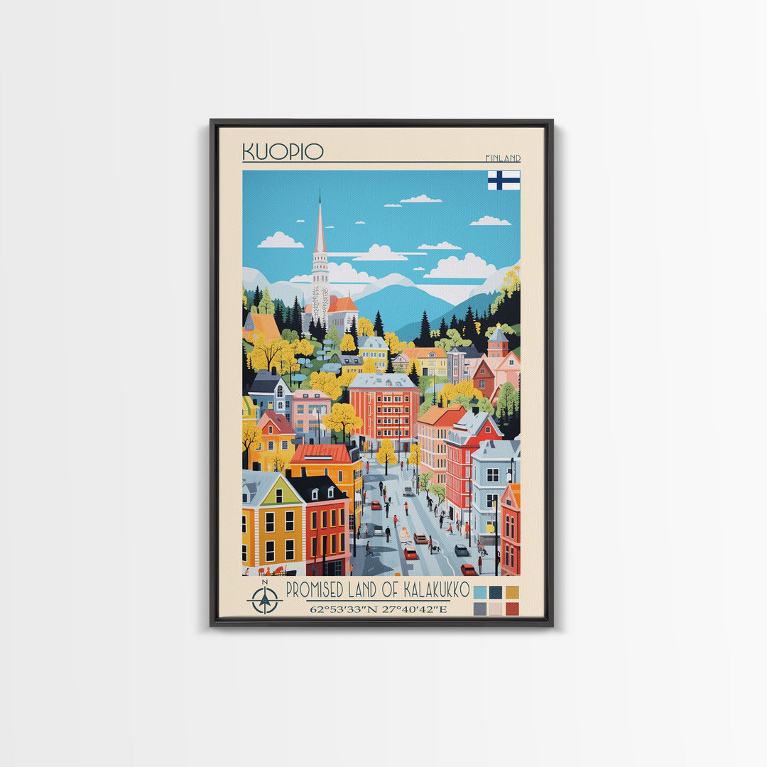 Kuopio Finland Travel Poster Framed Canvas Print, Midcentury Modern Art, Pop Art Wall Decor, Home Decor, Vacation Gift, Bedroom Art